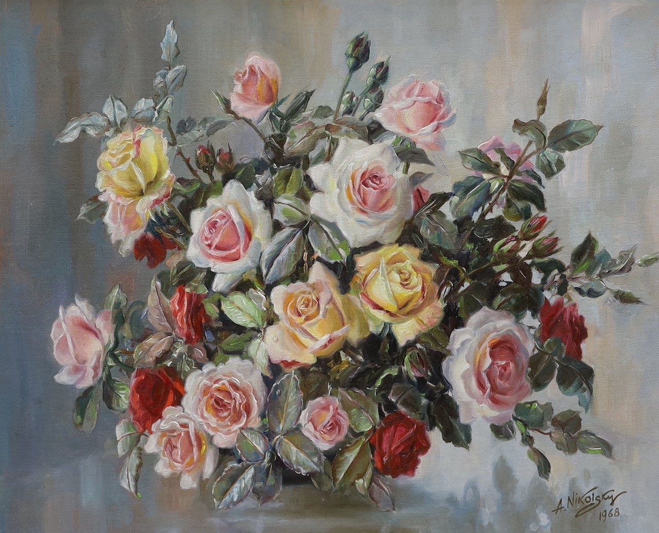 Athanasius Nikolsky. (fl.1950-1980), oil on canvas, Still life of mixed roses, signed and dated 1968, 50 x 60cm
